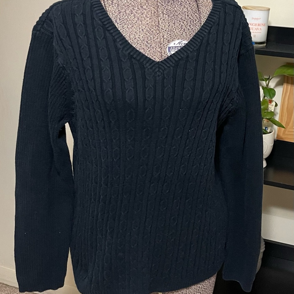 Karen Scott Navy V-Neck Cable Knit Sweater